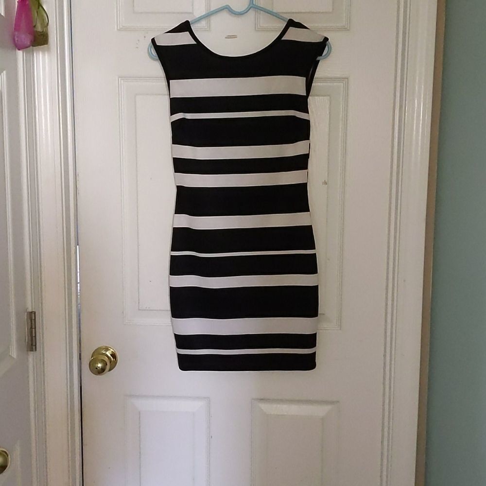 Alt.B black white stripe fitted dress Sz M